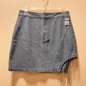 Allegra K Eclectic Chic Glam Denim Mini Skirt with Rhinestone Fringe, Sz S, Blue